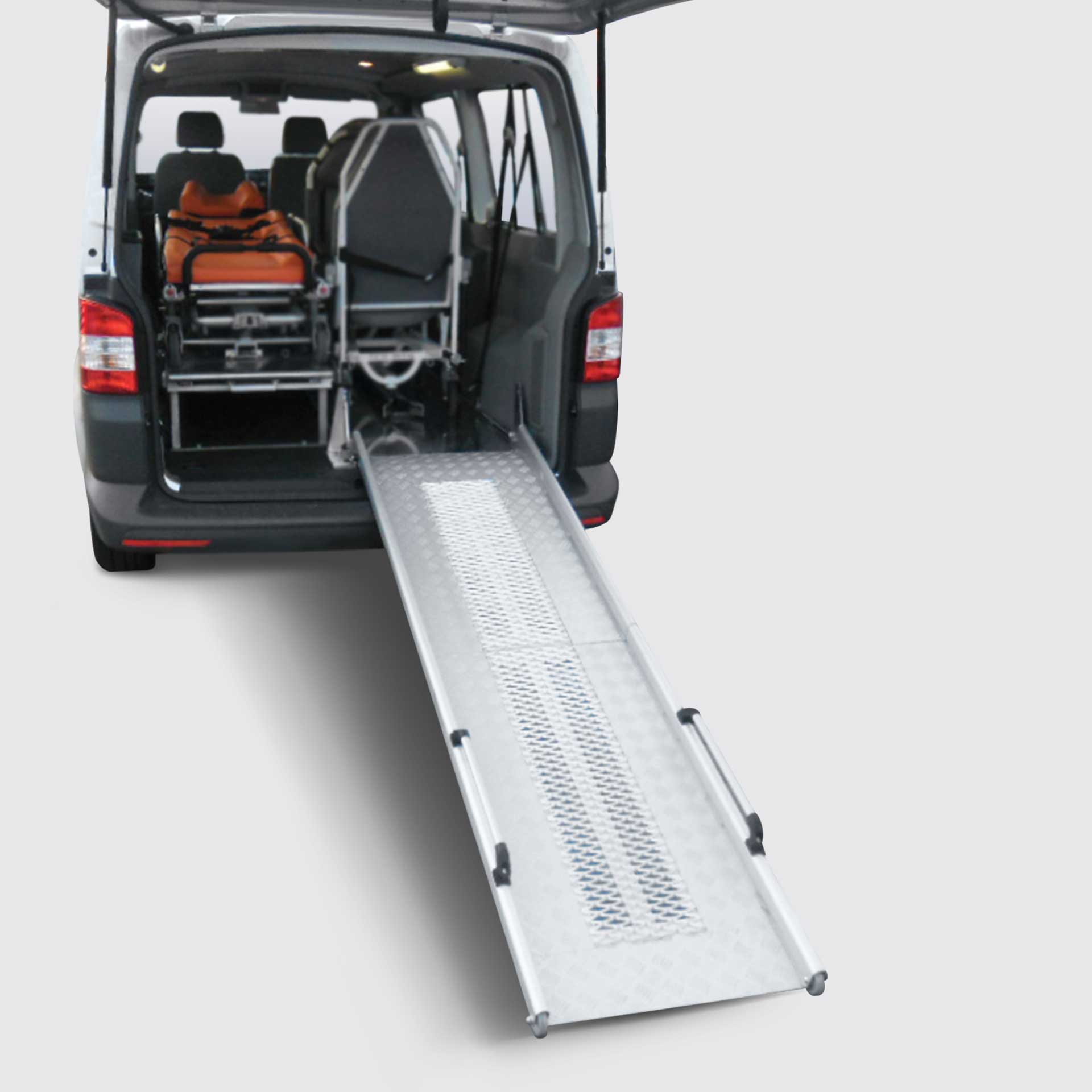 Fixed mounted loading ramp for ambulance and merchandise transport, narrow execution ambulance and van ramp, Series PRO by AlphaDynamik Fixed mounted loading ramp for ambulance and merchandise transport, narrow execution ambulance and van ramp, Series PRO by AlphaDynamik
