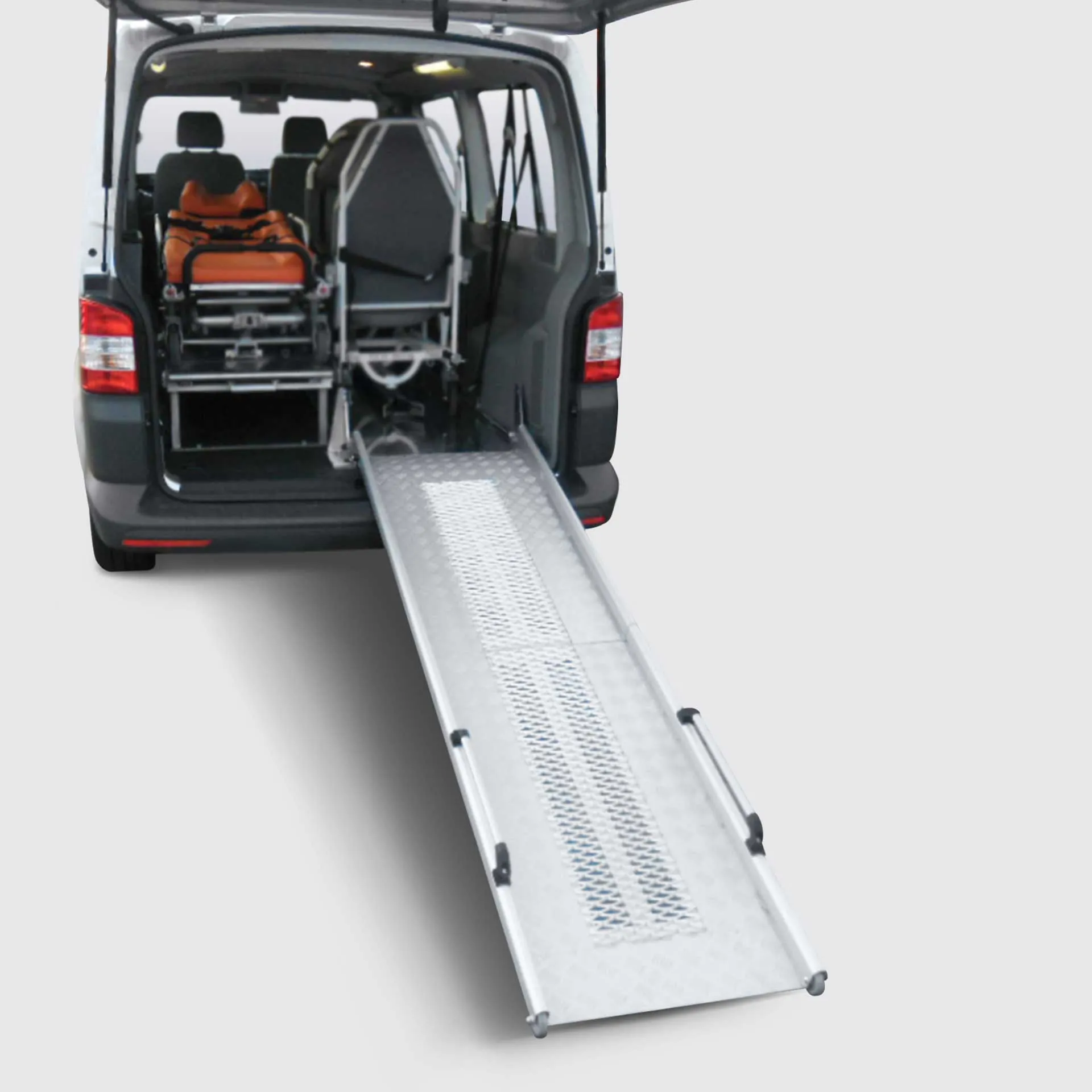 Fixed mounted loading ramp for ambulance and merchandise transport, narrow execution ambulance and van ramp, Series PRO by AlphaDynamik