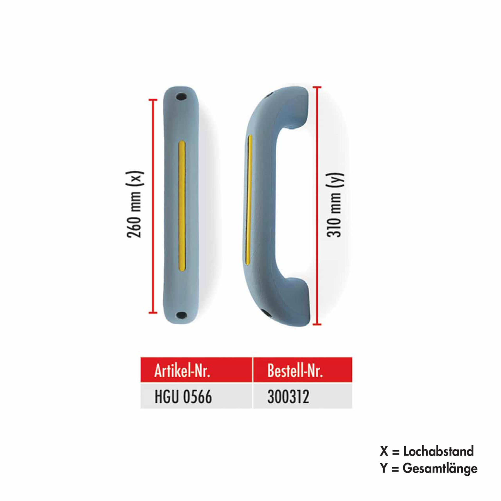 Serie HGU | Haltegriff - grau mit gelbem Streifen, gerade Ausführung, 310 mm lang