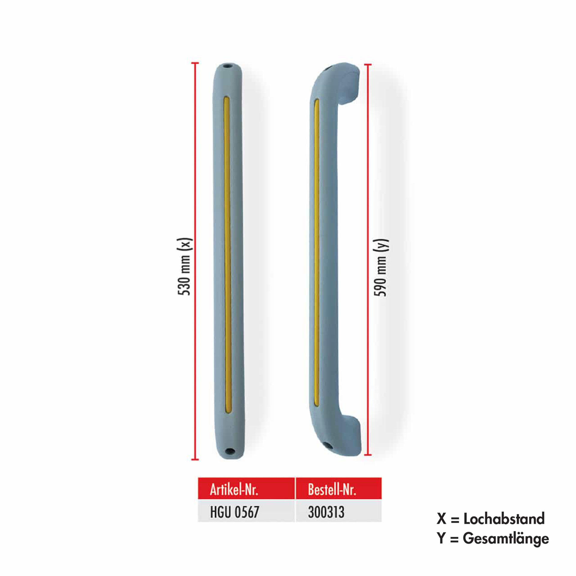 Serie HGU | Haltegriff - grau mit gelbem Streifen, gerade Ausführung, 590 mm lang