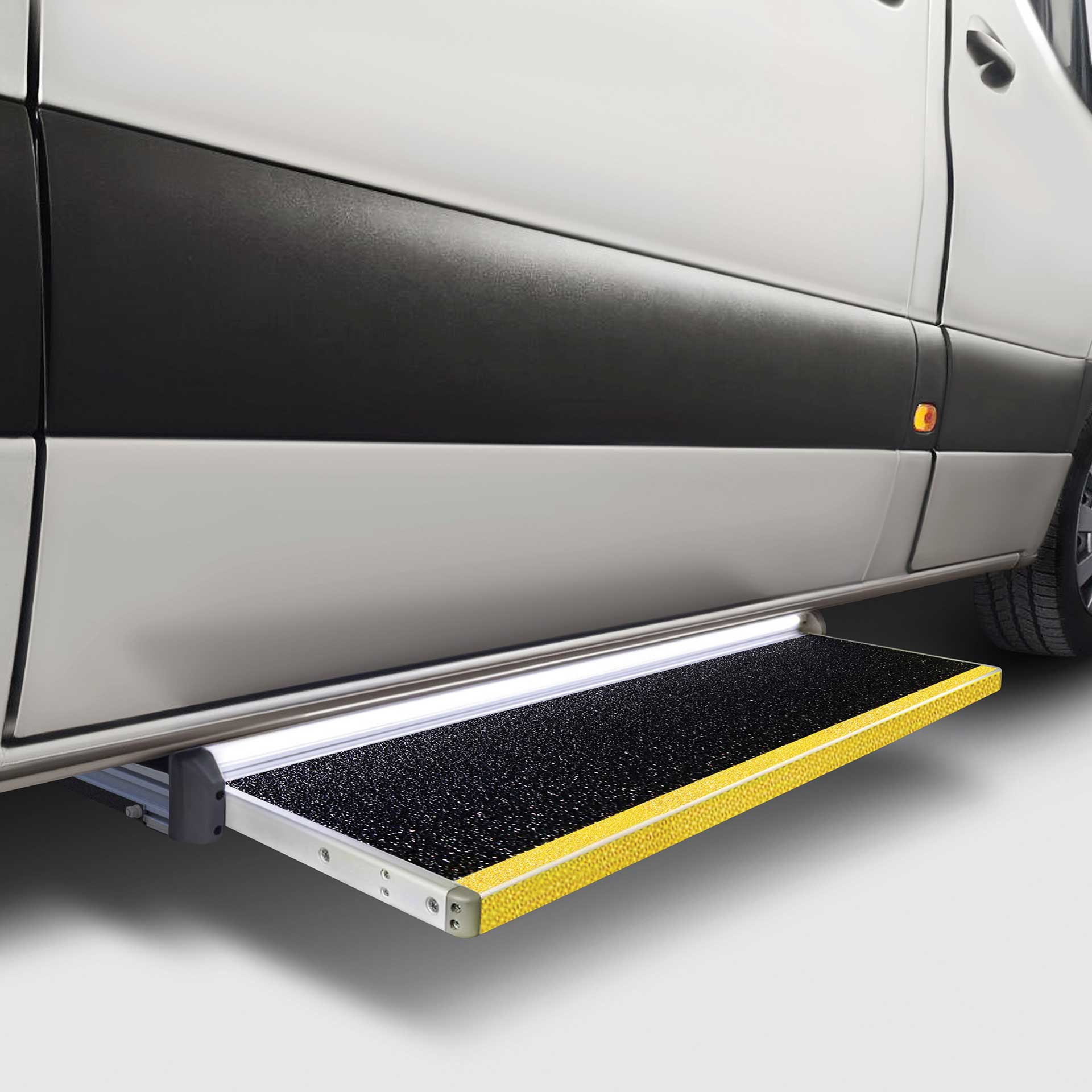 Elektrische Trittstufe für Wohnmobile, Lieferwagen, Transporter - Automatische Kollisionserkennung, Belastungserkennung. Automatischer oder manueller Modus, Stufe und Kassette aus Aluminium Elektrische Trittstufe für Wohnmobile, Lieferwagen, Transporter - Automatische Kollisionserkennung, Belastungserkennung. Automatischer oder manueller Modus, Stufe und Kassette aus Aluminium