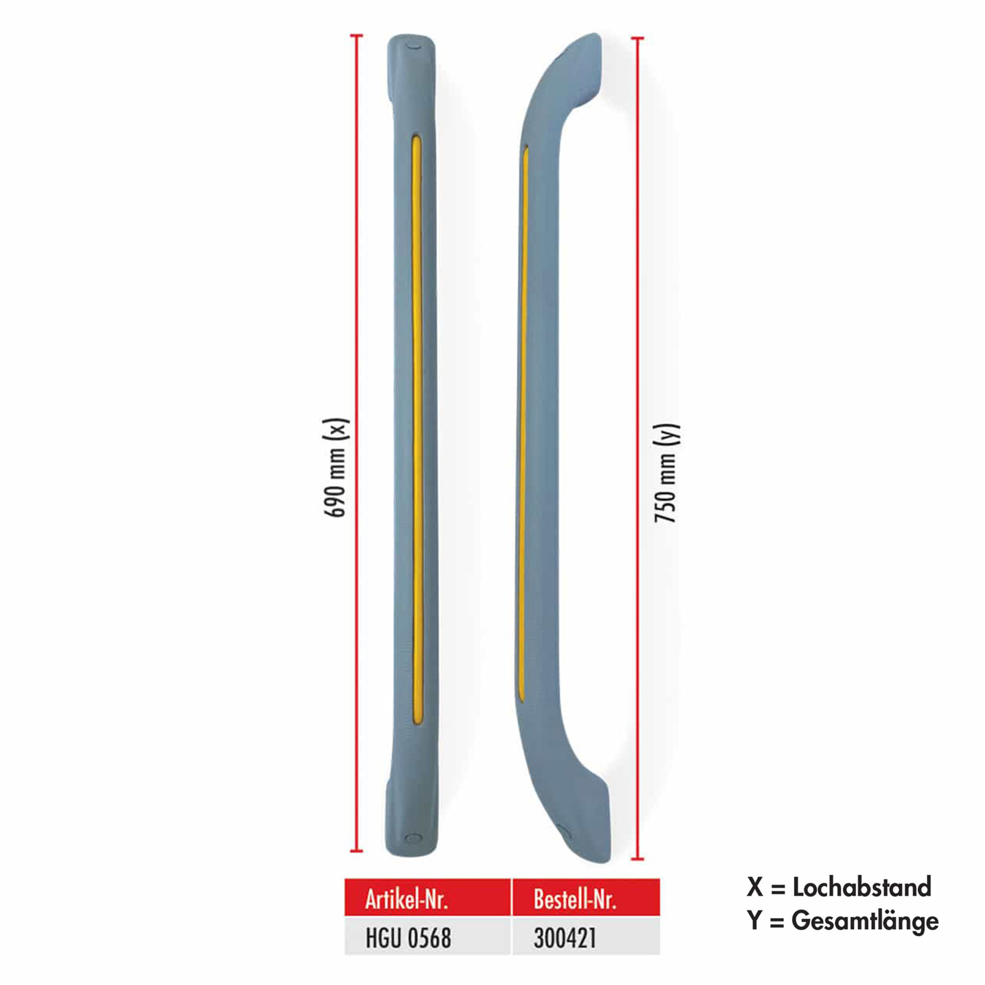 Serie HGU | Haltegriff - grau mit gelbem Streifen, gerade Ausführung, 750 mm lang