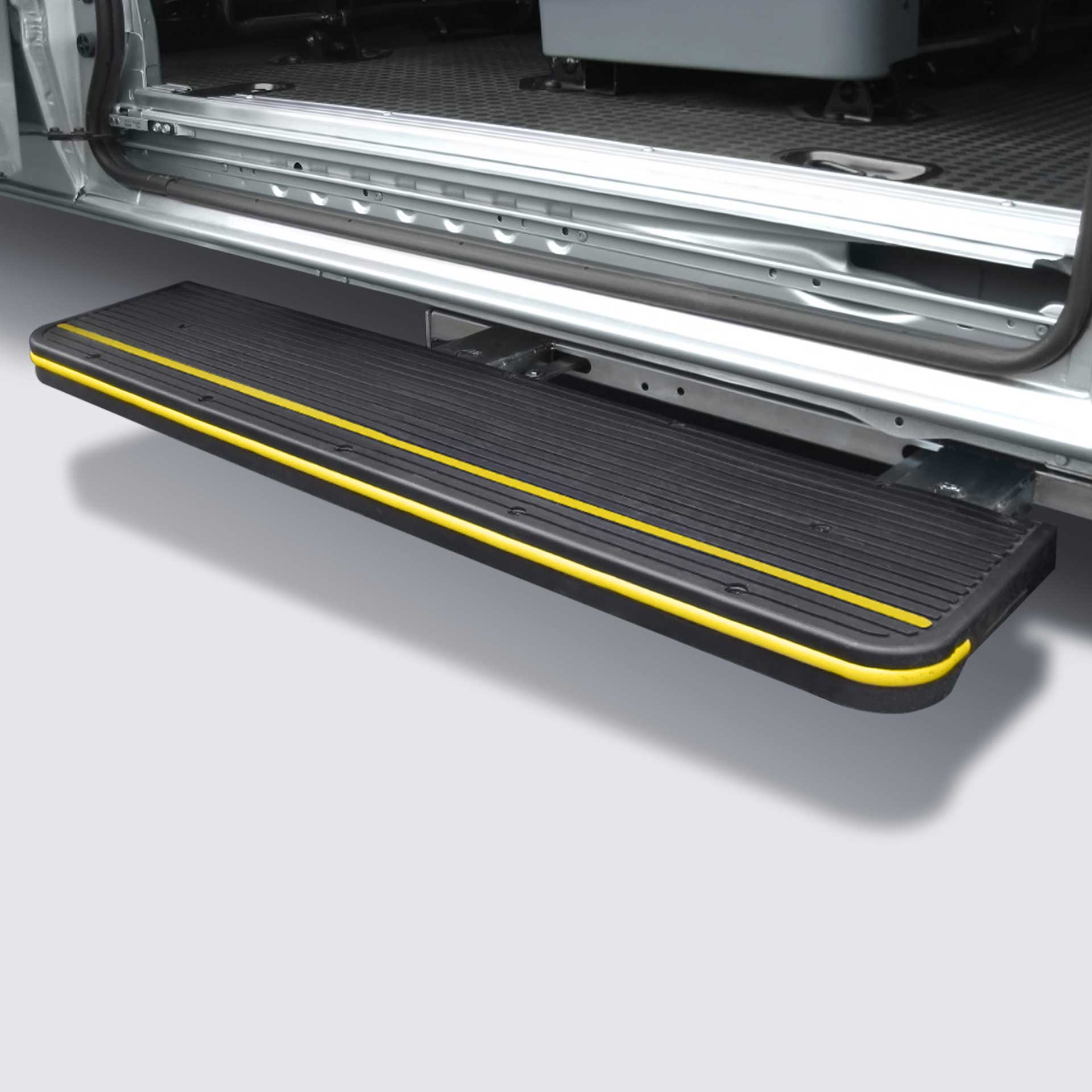 Heavy duty electric swivel side step for Volkswagen, MAN van. Load capacity: 500 kg. Van accessories shop by AlphaDynamik Heavy duty electric swivel side step for Volkswagen, MAN van. Load capacity: 500 kg. Van accessories shop by AlphaDynamik